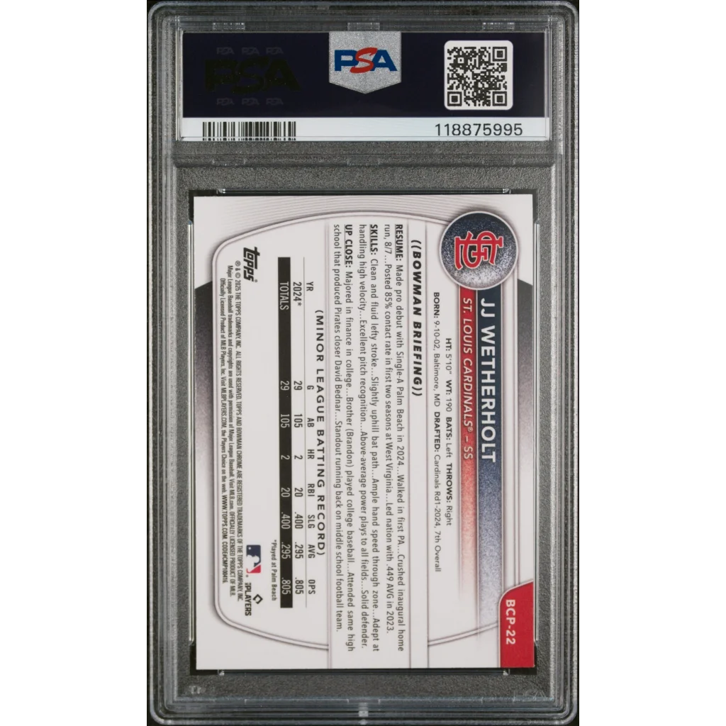 Graded 2025 Topps Bowman JJ Wetherholt #BCP22 Chrome Prospects Reptilian Refractor Rookie RC Baseball Card PSA 10 Gem Mint | PSA 10 Gem Mint Graded Rookie Card | vintageantiquesgifts.com