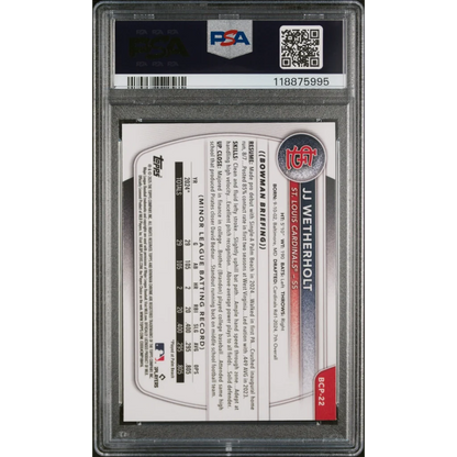Graded 2025 Topps Bowman JJ Wetherholt #BCP22 Chrome Prospects Reptilian Refractor Rookie RC Baseball Card PSA 10 Gem Mint | PSA 10 Gem Mint Graded Rookie Card | vintageantiquesgifts.com