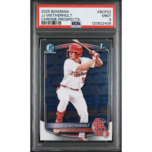 Graded 2025 Topps Bowman JJ Wetherholt #BCP22 Chrome Prospects Rookie RC Baseball Card PSA 9 Mint | Hall of Fame Sports Memorabilia | vintageantiquesgifts.com