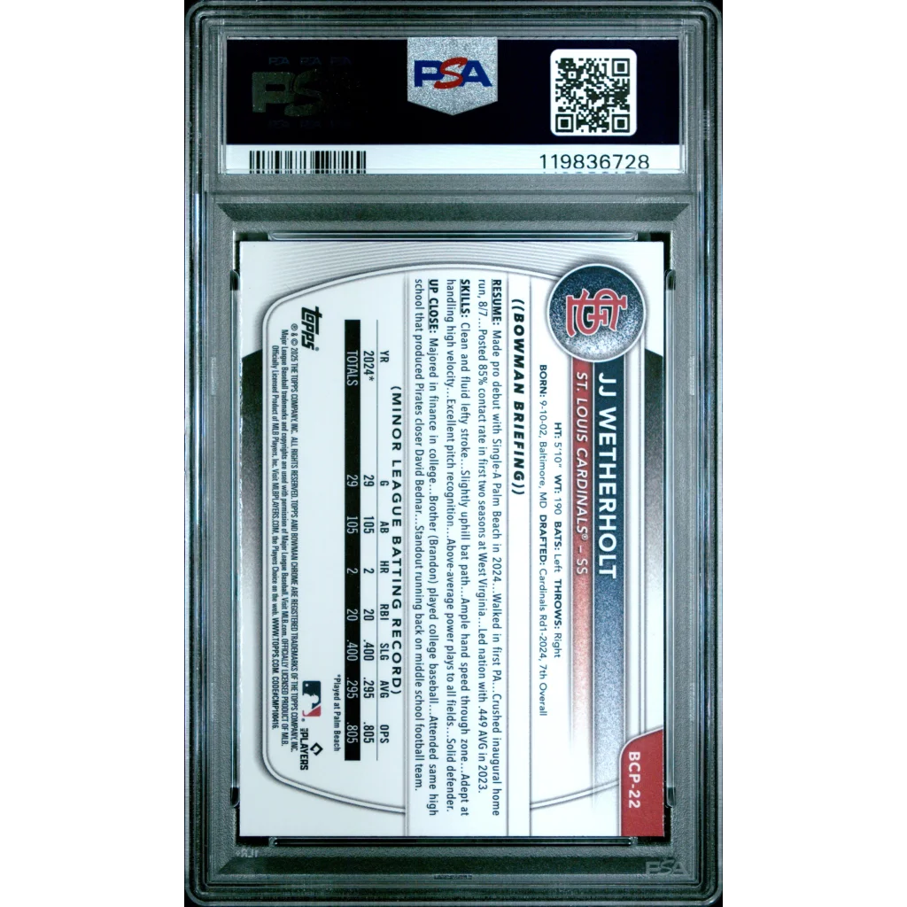 Graded 2025 Topps Bowman JJ Wetherholt #BCP22 Chrome Prospects Rookie RC Baseball Card PSA 10 Gem Mint | PSA 10 Gem Mint Graded Rookie Card | vintageantiquesgifts.com