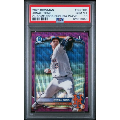 Graded 2025 Topps Bowman Jonah Tong #BCP105 Chrome Prospects Fuschia Wave /199 Rookie RC Baseball Card PSA 10 Gem Mint | Hall of Fame Sports Memorabilia | vintageantiquesgifts.com