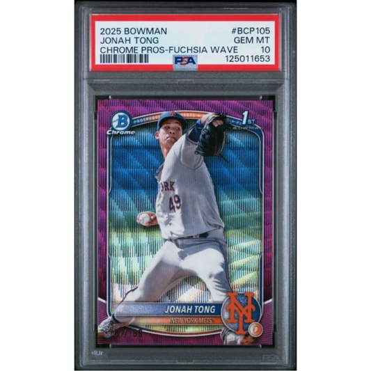Graded 2025 Topps Bowman Jonah Tong #BCP105 Chrome Prospects Fuschia Wave /199 Rookie RC Baseball Card PSA 10 Gem Mint | Hall of Fame Sports Memorabilia | vintageantiquesgifts.com