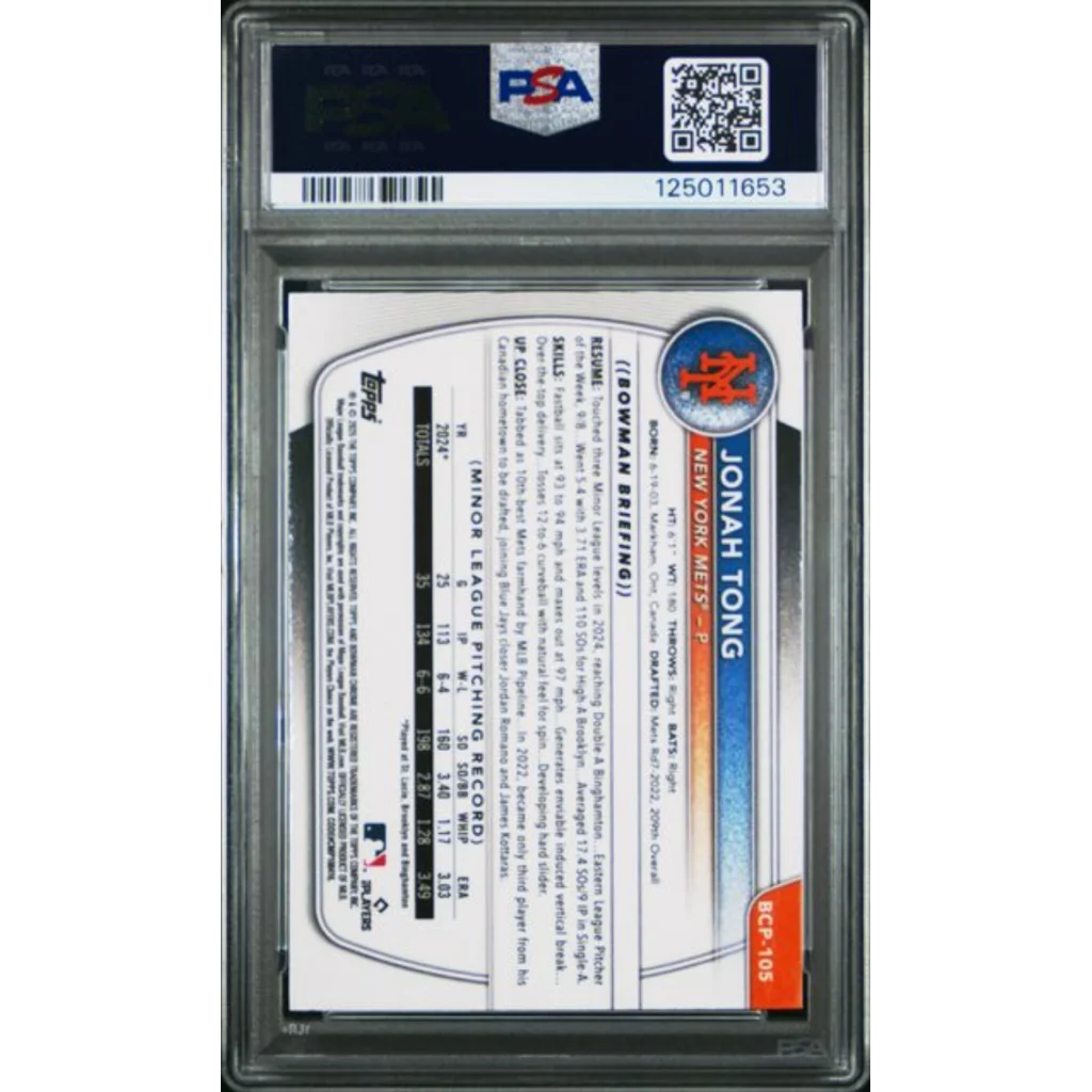 Graded 2025 Topps Bowman Jonah Tong #BCP105 Chrome Prospects Fuschia Wave /199 Rookie RC Baseball Card PSA 10 Gem Mint | PSA 10 Gem Mint Graded Rookie Card | vintageantiquesgifts.com