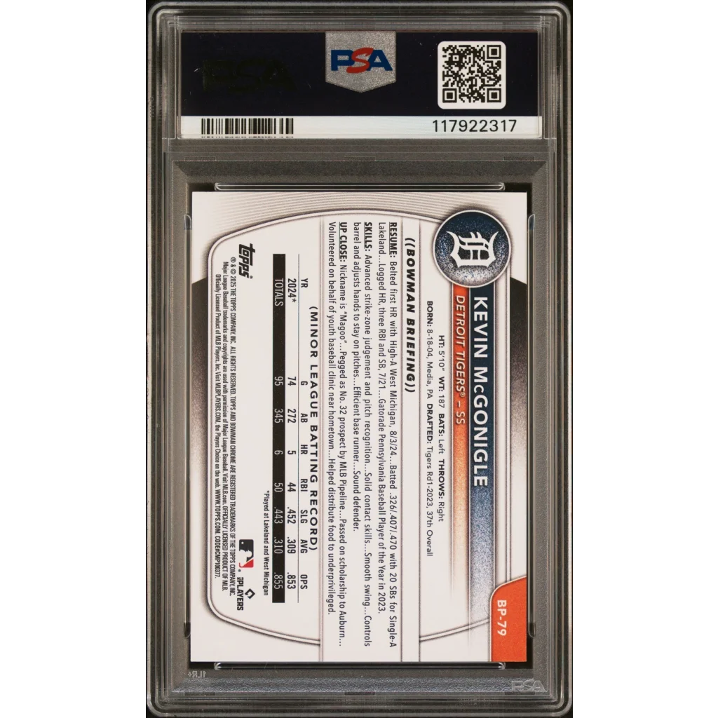 Graded 2025 Topps Bowman Kevin McGonigle #BP79 Paper Prospects Rookie RC Baseball Card PSA 10 Gem Mint