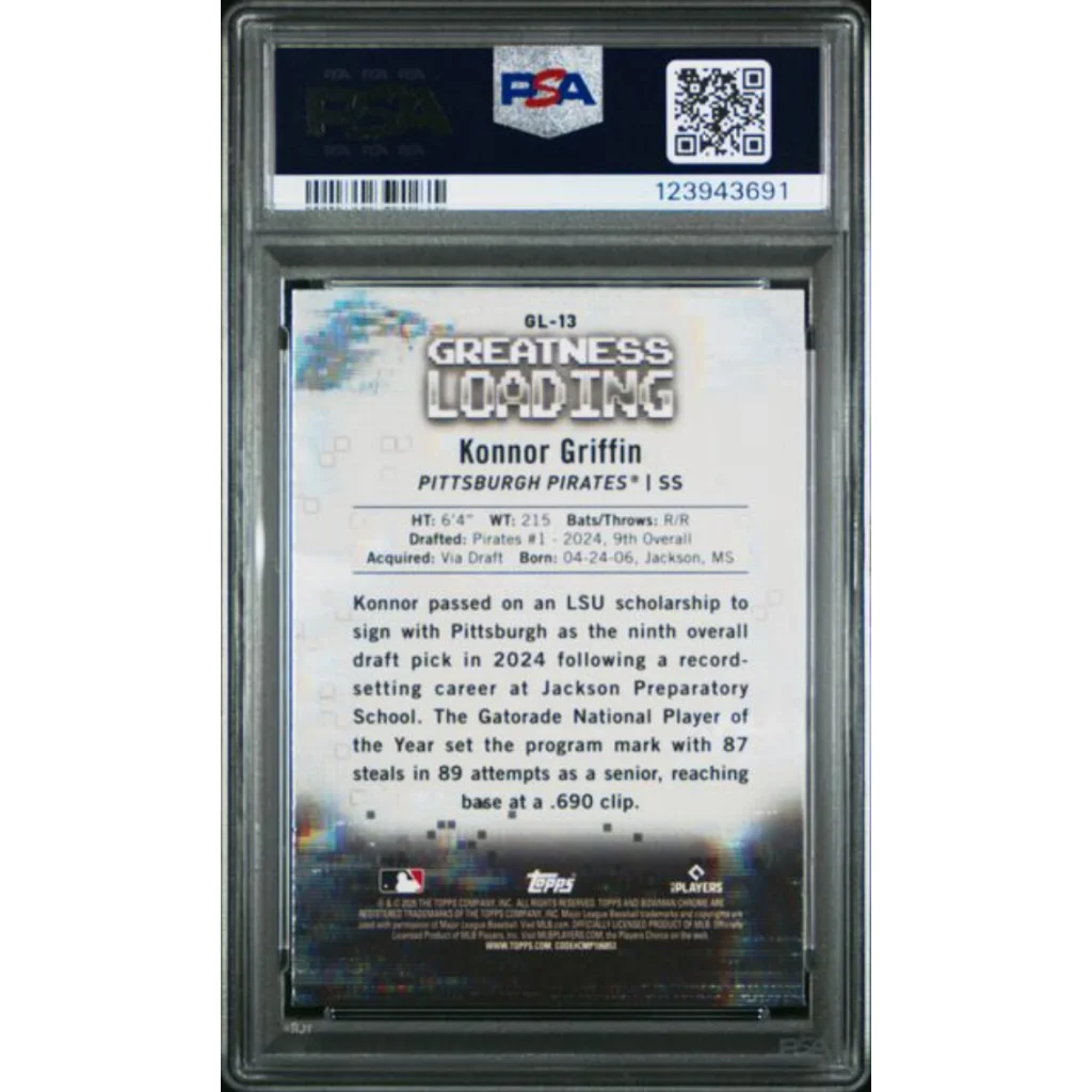 Graded PSA 10 2025 Topps Bowman Konnor Griffin GL13 Greatness Loading RC card slabbed