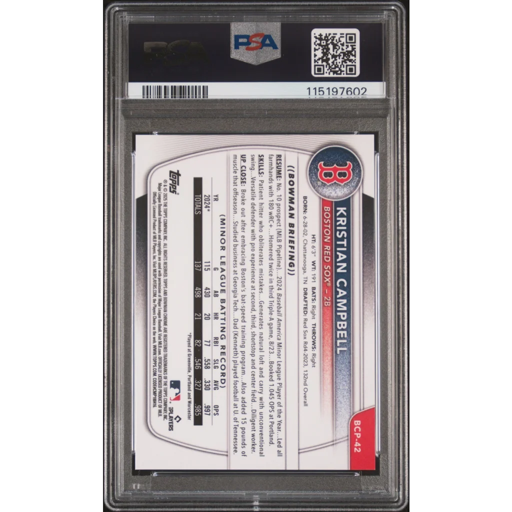 Encapsulated Kristian Campbell 2025 Bowman Chrome Pros Gold baseball card with stats and logo