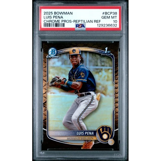 Graded 2025 Topps Bowman Luis Pena #BCP38 Chrome Prospects Reptilian Refractor Rookie RC Baseball Card PSA 10 Gem Mint | Hall of Fame Sports Memorabilia | vintageantiquesgifts.com