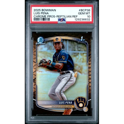Graded 2025 Topps Bowman Luis Pena #BCP38 Chrome Prospects Reptilian Refractor Rookie RC Baseball Card PSA 10 Gem Mint | Hall of Fame Sports Memorabilia | vintageantiquesgifts.com