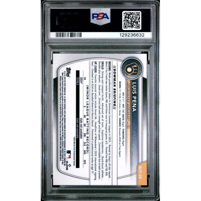 Graded 2025 Topps Bowman Luis Pena #BCP38 Chrome Prospects Reptilian Refractor Rookie RC Baseball Card PSA 10 Gem Mint | PSA 10 Gem Mint Graded Rookie Card | vintageantiquesgifts.com