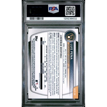 Graded 2025 Topps Bowman Luis Pena #BCP38 Chrome Prospects Reptilian Refractor Rookie RC Baseball Card PSA 10 Gem Mint | PSA 10 Gem Mint Graded Rookie Card | vintageantiquesgifts.com