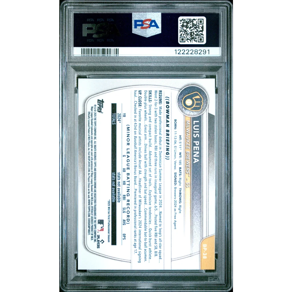 Graded 2025 Topps Bowman Luis Pena #BP38 Paper Prospects Rookie RC Baseball Card PSA 9 Mint