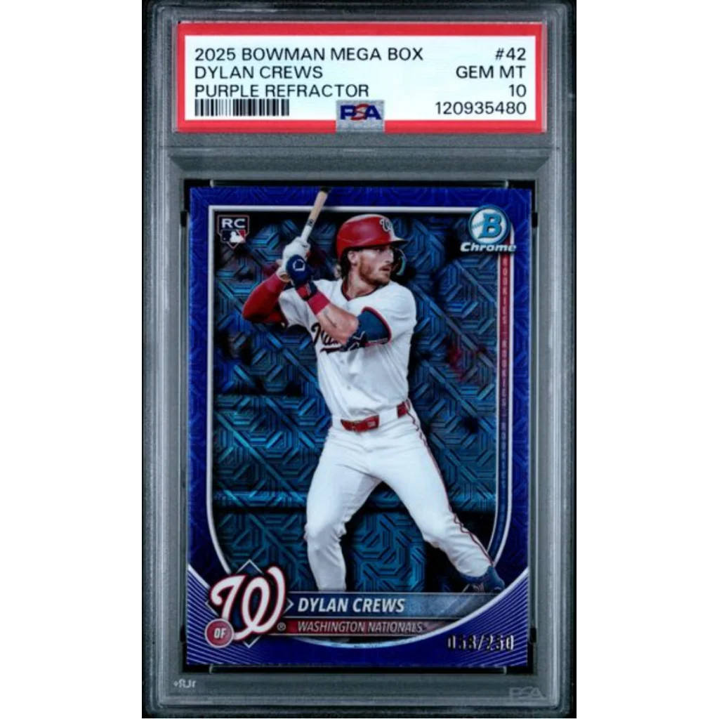 Graded 2025 Topps Bowman Mega Box Dylan Crews #42 Purple Refractor /250 Rookie RC Baseball Card PSA 10 Gem Mint | Hall of Fame Sports Memorabilia | vintageantiquesgifts.com