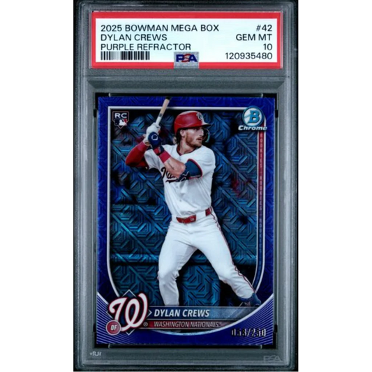 Graded 2025 Topps Bowman Mega Box Dylan Crews #42 Purple Refractor /250 Rookie RC Baseball Card PSA 10 Gem Mint | Hall of Fame Sports Memorabilia | vintageantiquesgifts.com