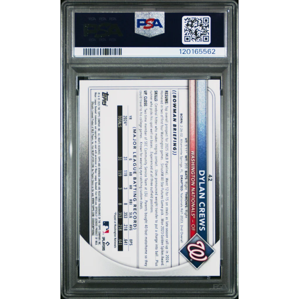 Graded 2025 Topps Bowman Mega Box Dylan Crews #42 Rookie RC Baseball Card PSA 10 Gem Mint | PSA 10 Gem Mint Graded Rookie Card | vintageantiquesgifts.com