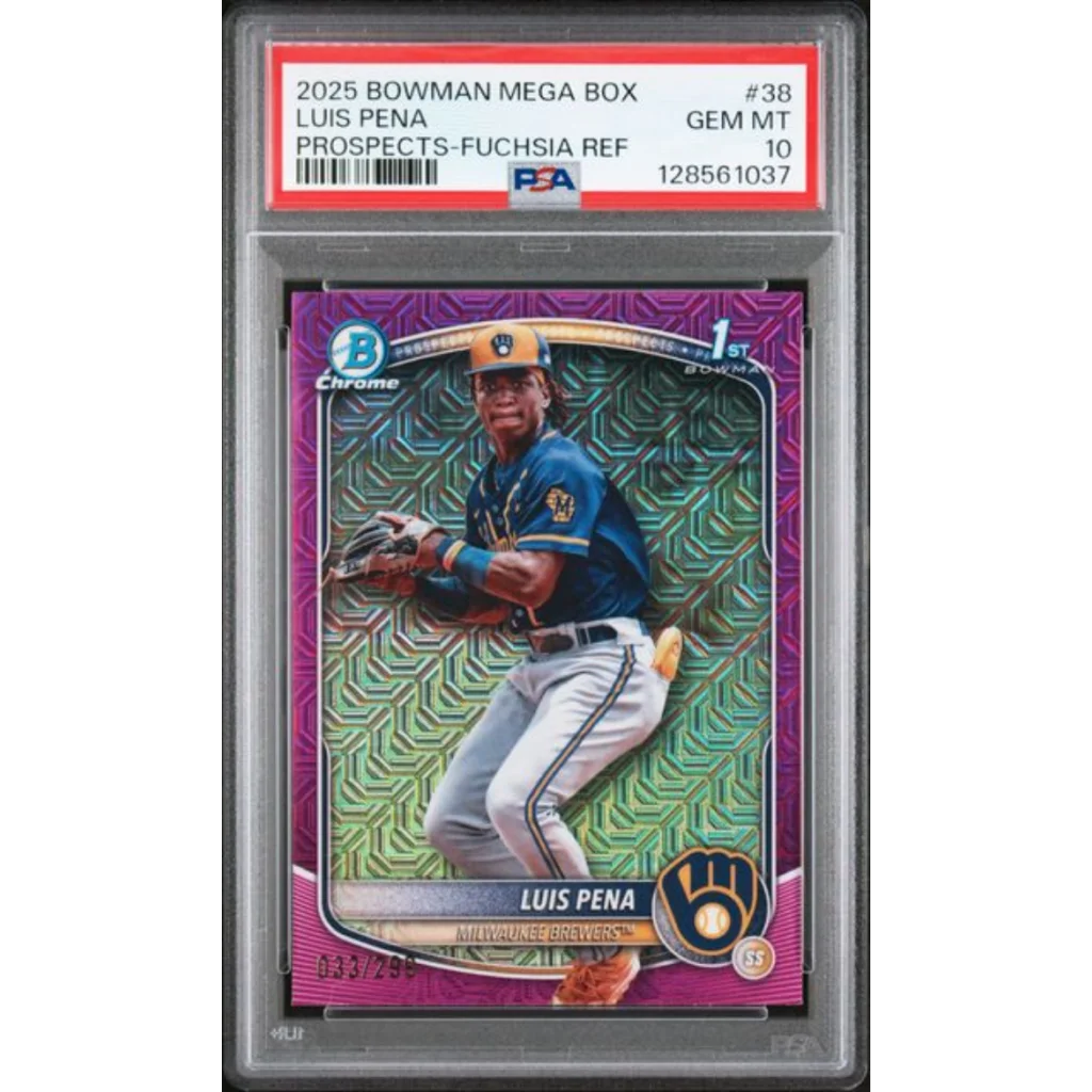 Graded 2025 Topps Bowman Mega Box Luis Pena #38 Prospects Fuschia Refractor /299 Rookie RC Baseball Card PSA 10 Gem Mint | Hall of Fame Sports Memorabilia | vintageantiquesgifts.com
