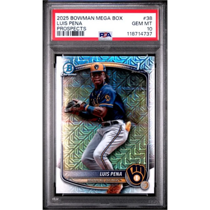 Graded 2025 Topps Bowman Mega Box Luis Pena #38 Prospects Rookie RC Baseball Card PSA 10 Gem Mint | Hall of Fame Sports Memorabilia | vintageantiquesgifts.com
