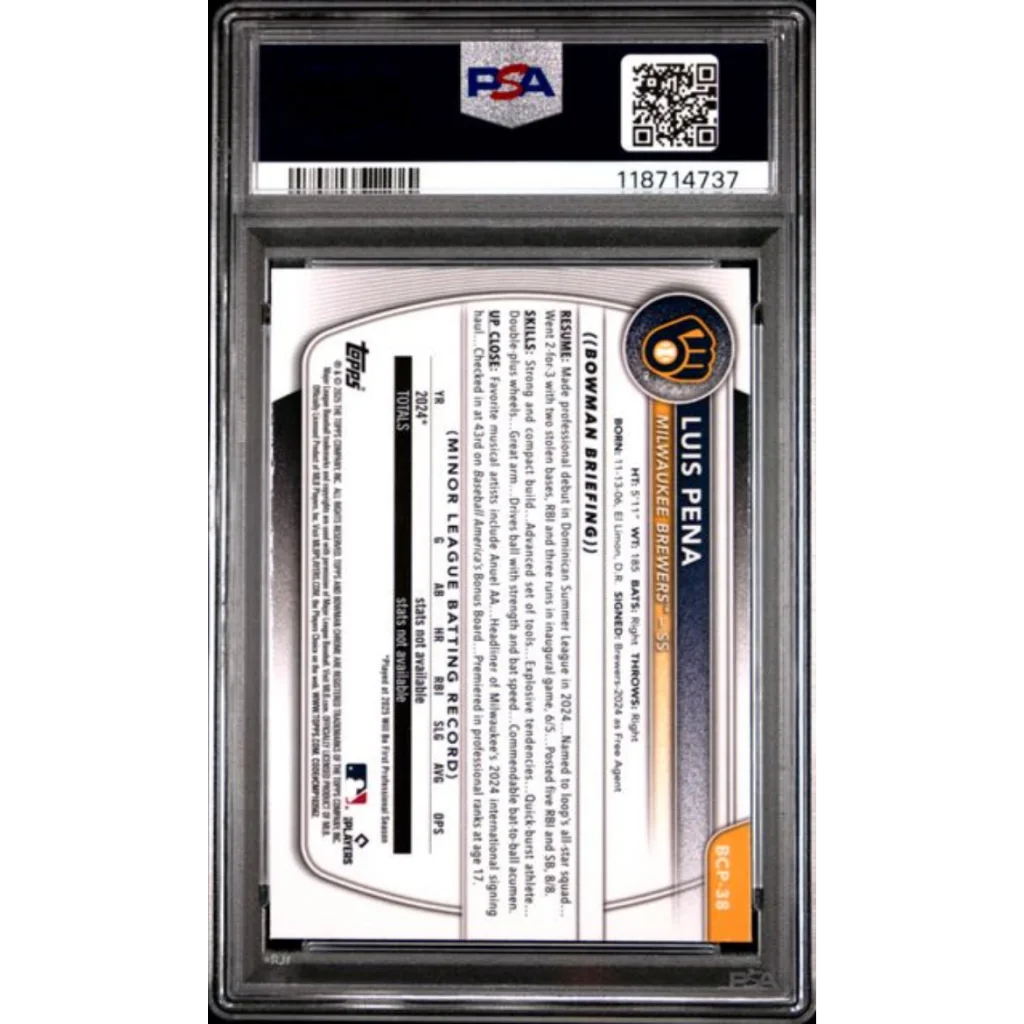 Graded 2025 Topps Bowman Mega Box Luis Pena #38 Prospects Rookie RC Baseball Card PSA 10 Gem Mint | PSA 10 Gem Mint Graded Rookie Card | vintageantiquesgifts.com