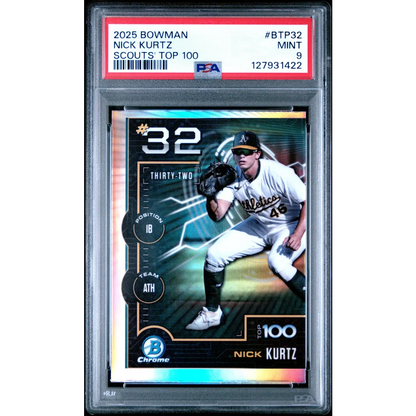 Graded 2025 Topps Bowman Nick Kurtz #BTP32 Bowman Scouts Top 100 Rookie RC Baseball Card PSA 9 Mint