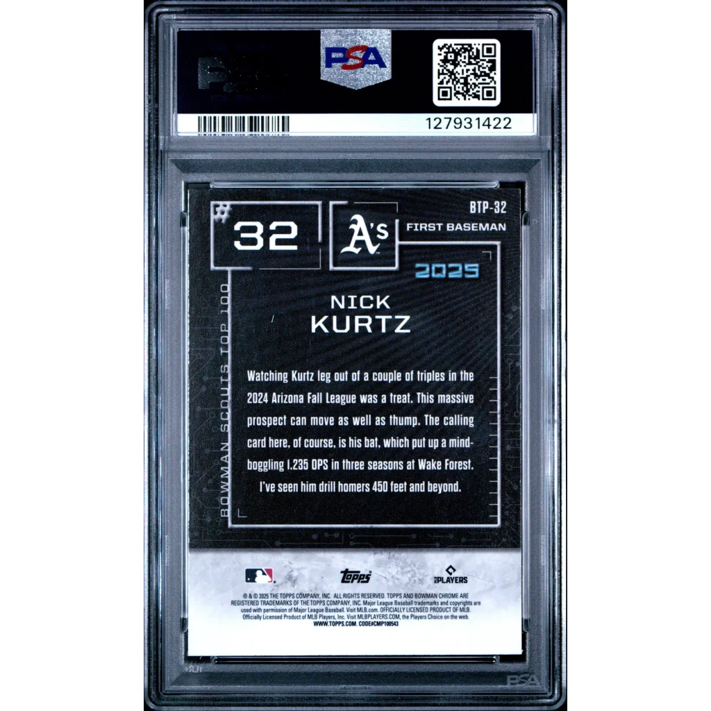 Graded 2025 Topps Bowman Nick Kurtz #BTP32 Bowman Scouts Top 100 Rookie RC Baseball Card PSA 9 Mint