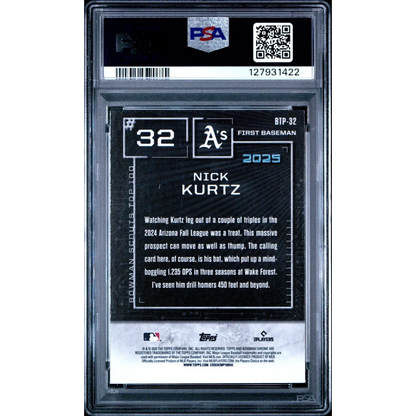 Graded 2025 Topps Bowman Nick Kurtz #BTP32 Bowman Scouts Top 100 Rookie RC Baseball Card PSA 9 Mint