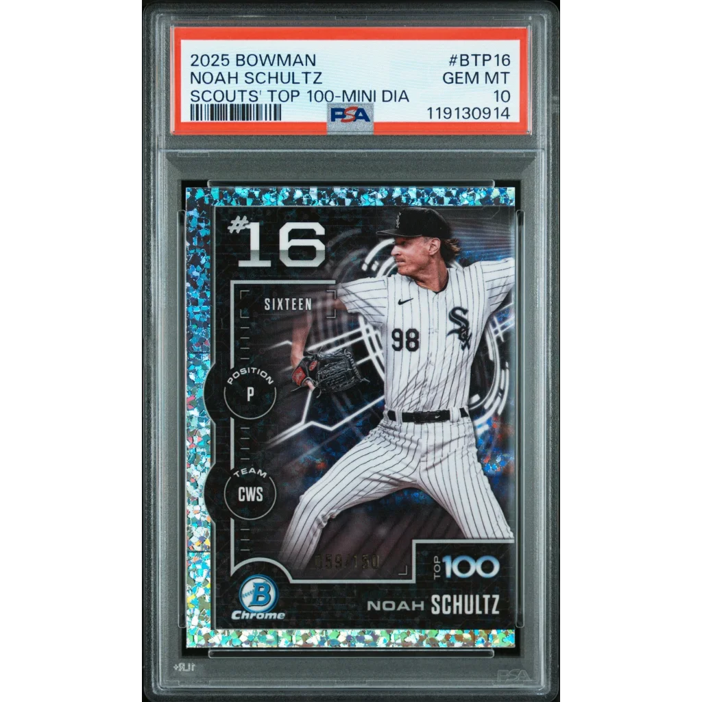 Graded 2025 Topps Bowman Noah Schultz #BTP16 Scouts Top 100 Mini Diamond /150 Rookie RC Baseball Card PSA 10 Gem Mint | Hall of Fame Sports Memorabilia | vintageantiquesgifts.com