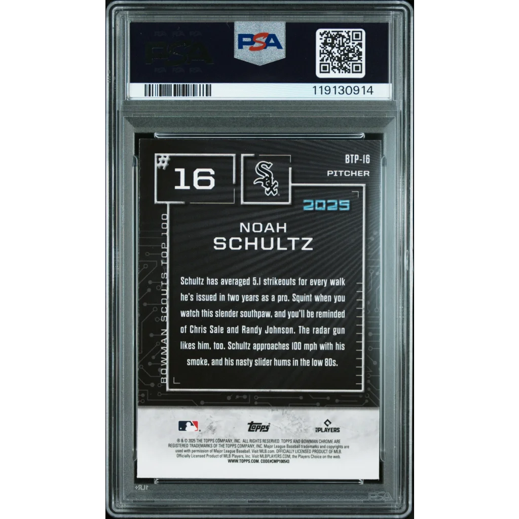Graded 2025 Topps Bowman Noah Schultz #BTP16 Scouts Top 100 Mini Diamond /150 Rookie RC Baseball Card PSA 10 Gem Mint | PSA 10 Gem Mint Graded Rookie Card | vintageantiquesgifts.com
