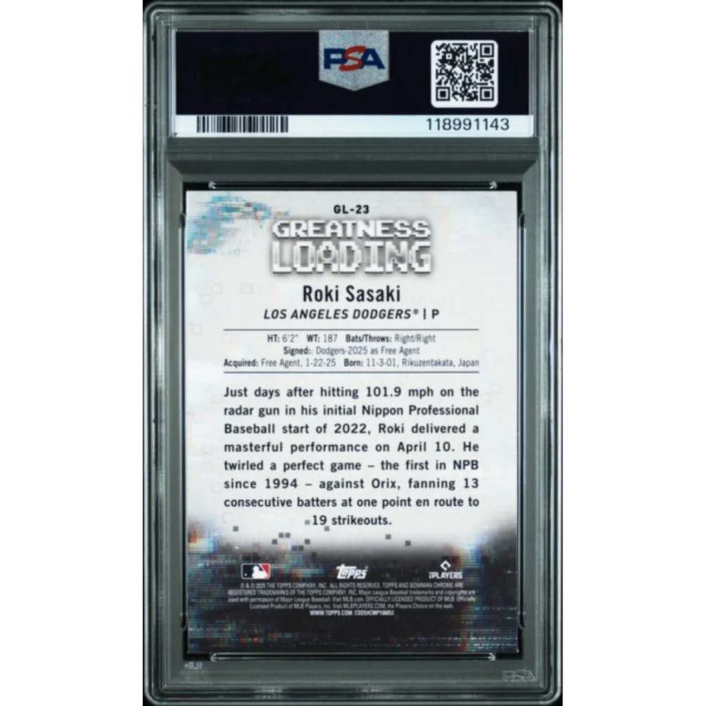 Graded 2025 Topps Bowman Roki Sasaki #GL23 Greatness Loading Rookie RC Baseball Card PSA 10 Gem Mint | PSA 10 Gem Mint Graded Rookie Card | vintageantiquesgifts.com