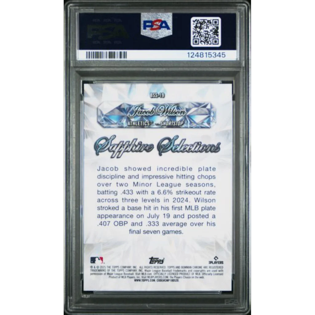 Graded 2025 Topps Bowman Sapphire Jacob Wilson BSS19 Sapphire Selections Rookie RC Baseball Card PSA 10 Gem Mint | PSA 10 Gem Mint Graded Rookie Card | vintageantiquesgifts.com
