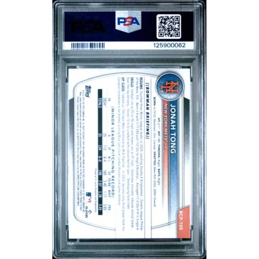 Back of PSA 10 graded 2025 Topps Bowman Sapphire Jonah Tong rookie card