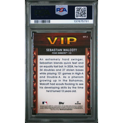PSA 10 Graded 2025 Topps Bowman Sebastian Walcott VIP-3 Rangers RC Card