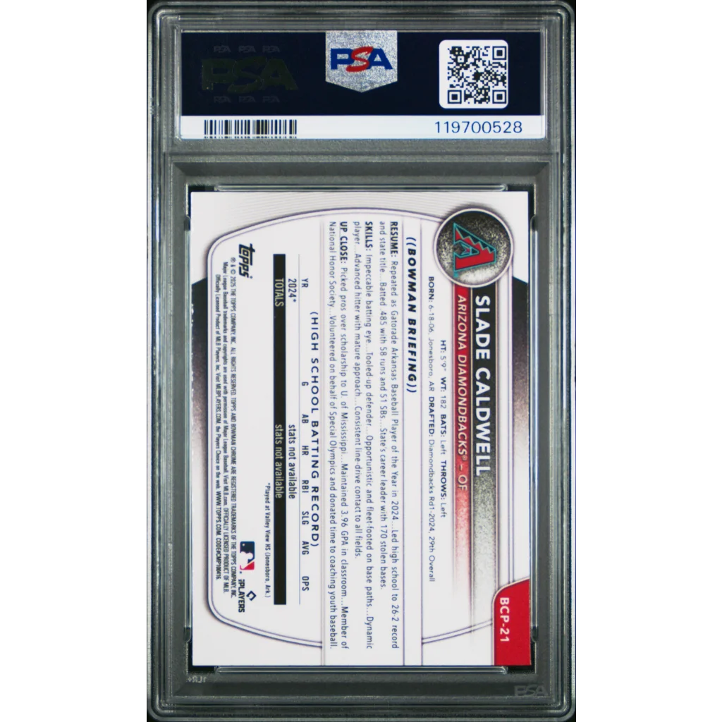 PSA 10 Graded 2025 Topps Bowman Slade Caldwell #BCP21 Chrome Rookie Card