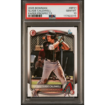 Graded 2025 Topps Bowman Slade Caldwell #BP21 Paper Prospects Rookie RC Baseball Card PSA 10 Gem Mint | Hall of Fame Sports Memorabilia | vintageantiquesgifts.com