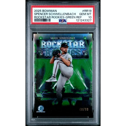 Graded 2025 Topps Bowman Spencer Schwellenbach #RR19 Rockstar Rookies Green Refractor /99 Rookie RC Baseball Card PSA 10 Gem Mint | Hall of Fame Sports Memorabilia | vintageantiquesgifts.com