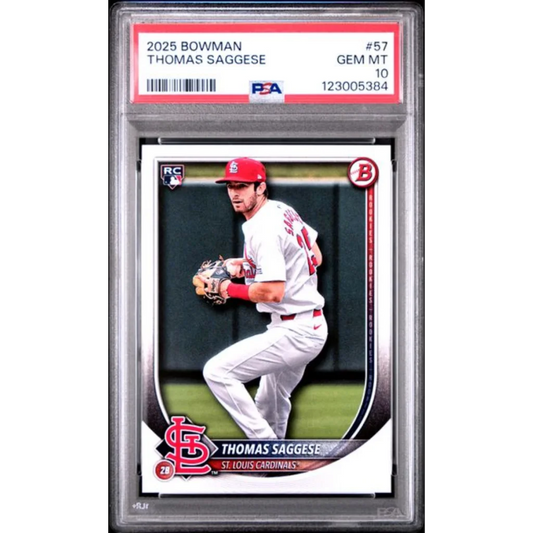 Graded 2025 Topps Bowman Thomas Saggese #57 Rookie RC Baseball Card PSA 10 Gem Mint | Hall of Fame Sports Memorabilia | vintageantiquesgifts.com