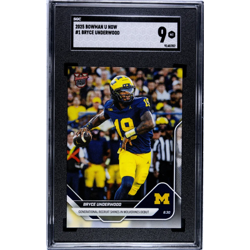 Graded 2025 Topps Bowman U Now Bryce Underwood #1 Wolverines Debut Rookie RC Football Card SGC 9 Mint | Hall of Fame Sports Memorabilia | vintageantiquesgifts.com