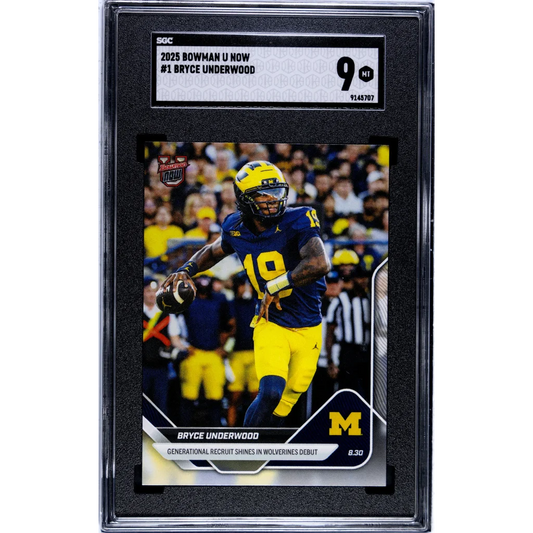 Graded 2025 Topps Bowman U Now Bryce Underwood #1 Wolverines Debut Rookie RC Football Card SGC 9 Mint | Hall of Fame Sports Memorabilia | vintageantiquesgifts.com