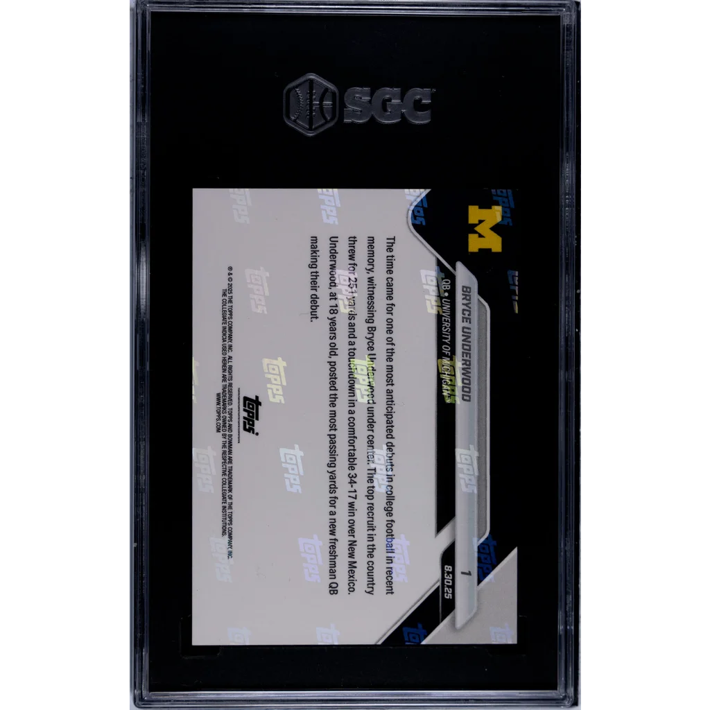 Graded 2025 Topps Bowman U Now Bryce Underwood #1 Wolverines Debut Rookie RC Football Card SGC 9 Mint | SGC 9 Mint Graded Rookie Card | vintageantiquesgifts.com