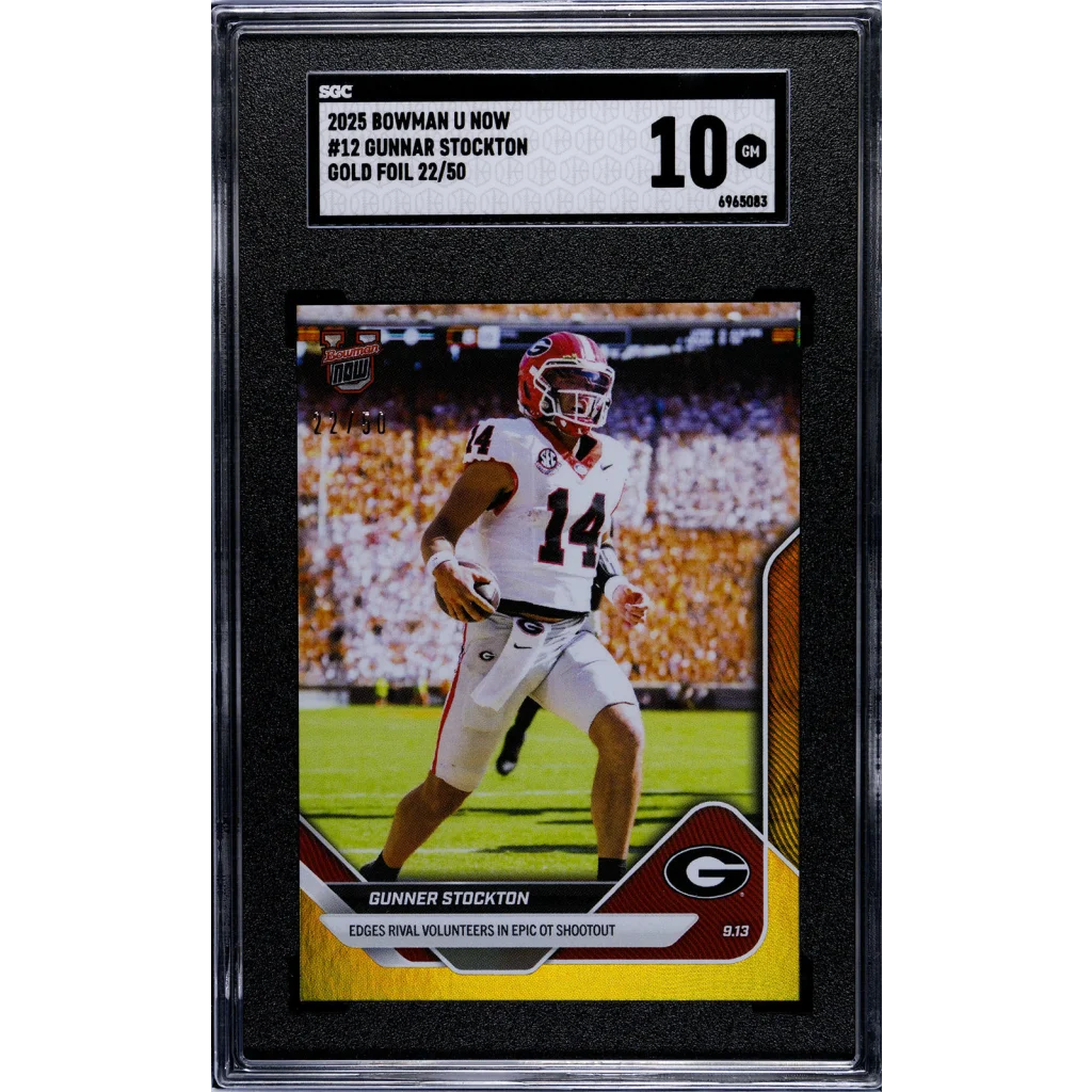 Graded 2025 Topps Bowman U Now Gunner Stockton #12 Gold Foil /50 Rookie RC Football Card SGC 10 Gem Mint | Hall of Fame Sports Memorabilia | vintageantiquesgifts.com