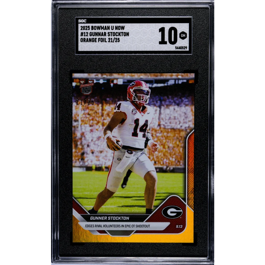 Graded 2025 Topps Bowman U Now Gunner Stockton #12 Orange Foil /25 Rookie RC Football Card SGC 10 Gem Mint | Hall of Fame Sports Memorabilia | vintageantiquesgifts.com