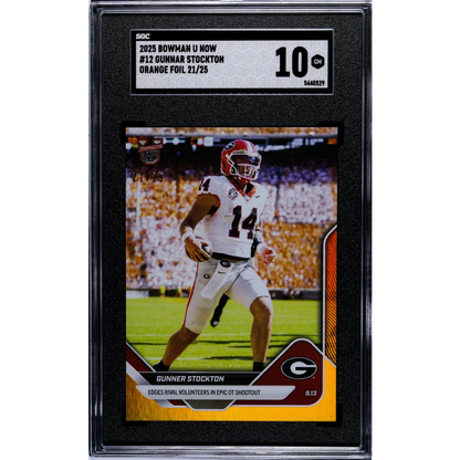 Graded 2025 Topps Bowman U Now Gunner Stockton #12 Orange Foil /25 Rookie RC Football Card SGC 10 Gem Mint | Hall of Fame Sports Memorabilia | vintageantiquesgifts.com