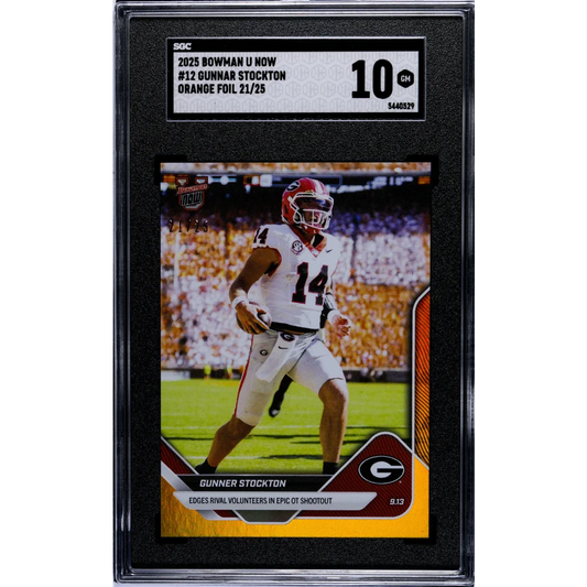 Graded 2025 Topps Bowman U Now Gunner Stockton #12 Orange Foil /25 Rookie RC Football Card SGC 10 Gem Mint | Hall of Fame Sports Memorabilia | vintageantiquesgifts.com