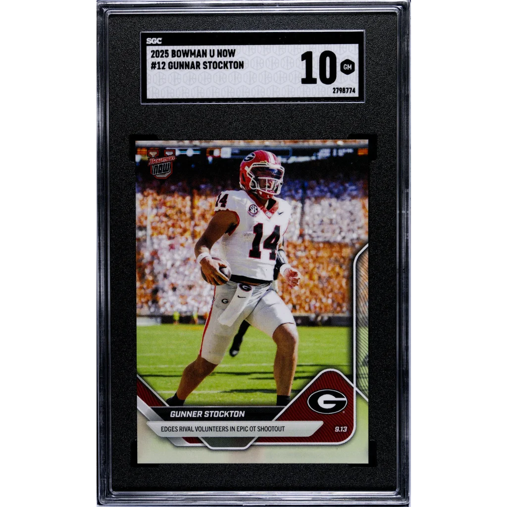Graded 2025 Topps Bowman U Now Gunner Stockton #12 Rookie RC Football Card SGC 10 Gem Mint | Hall of Fame Sports Memorabilia | vintageantiquesgifts.com