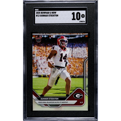 Graded 2025 Topps Bowman U Now Gunner Stockton #12 Rookie RC Football Card SGC 10 Gem Mint | Hall of Fame Sports Memorabilia | vintageantiquesgifts.com