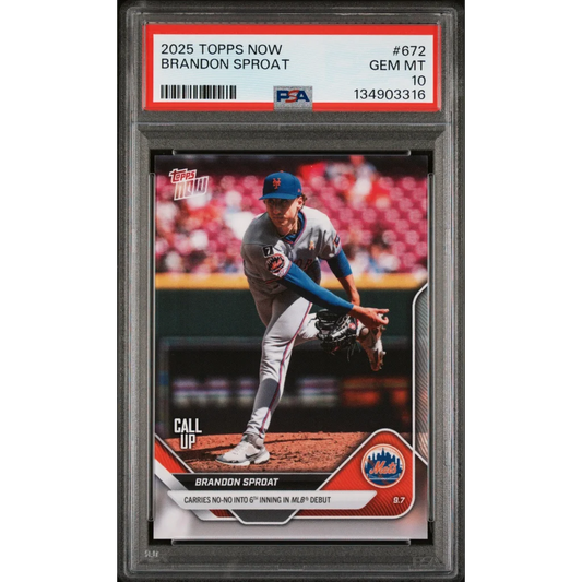 Graded 2025 Topps Now Brandon Sproat #672 Rookie RC Baseball Card PSA 10 Gem Mint | Hall of Fame Sports Memorabilia | vintageantiquesgifts.com