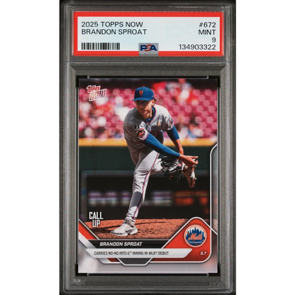 Graded 2025 Topps Now Brandon Sproat #672 Rookie RC Baseball Card PSA 9 Mint | Hall of Fame Sports Memorabilia | vintageantiquesgifts.com