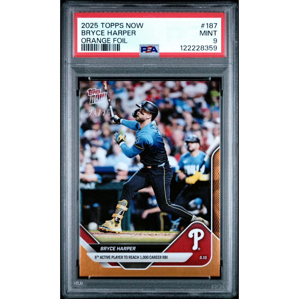Graded 2025 Topps Now Bryce Harper #187 Orange Foil /25 PSA 9 Mint Card