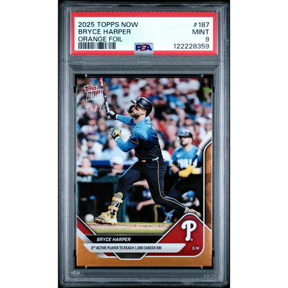 Graded 2025 Topps Now Bryce Harper #187 Orange Foil /25 PSA 9 Mint Card