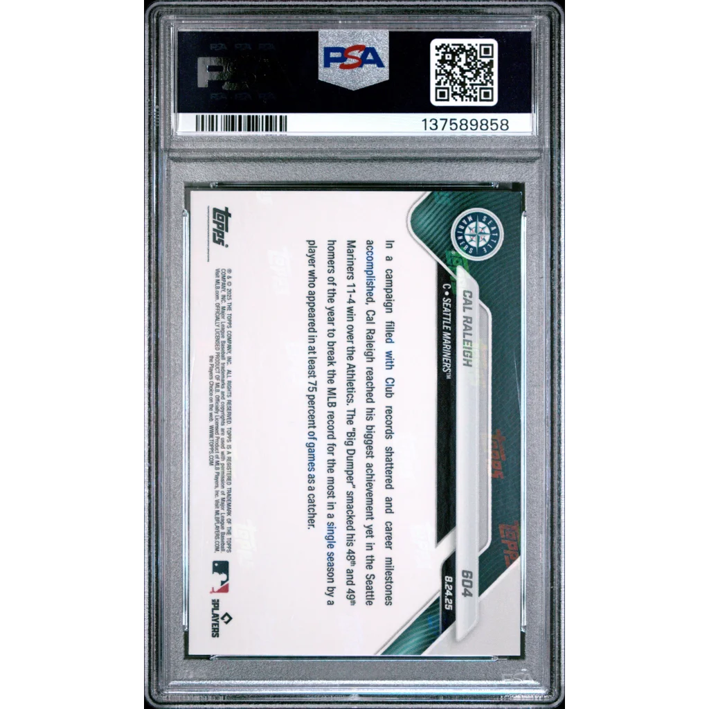 Graded 2025 Topps Now Cal Raleigh #604 49th HR Sets New MLB Single Season Record For Catcher Baseball Card PSA 10 Gem Mint | PSA 10 Gem Mint Graded Baseball Card | vintageantiquesgifts.com