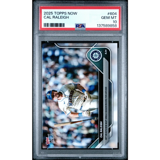 Graded 2025 Topps Now Cal Raleigh #604 49th HR Sets New MLB Single Season Record For Catcher Baseball Card PSA 10 Gem Mint | Hall of Fame Sports Memorabilia | vintageantiquesgifts.com