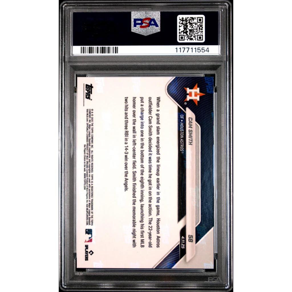 Graded 2025 Topps Now Cam Smith #58 Black Foil /10 Rookie RC Baseball Card PSA 10 Gem Mint
